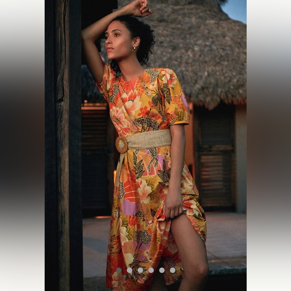 Farm Rio for Anthropologie Orange Floral Midi Dress with Woven Belt